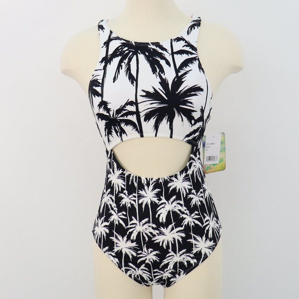 Hobie Front Keyhole Cut Out One Piece Swimsuit Black Palms with Pink Straps